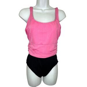 Jantzen VTG Pink Black Chevron Print Ruched Waist One Piece Swim Bathing Suit 12